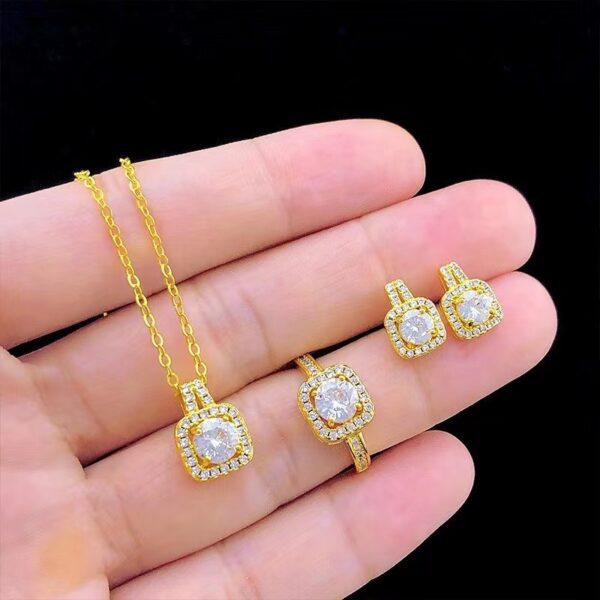 Fashion Jewelry Set Zircon Gem Pendant Chain Choker Necklace For Women Gold Color Stud Earring Statement Wedding Ring - Image 4