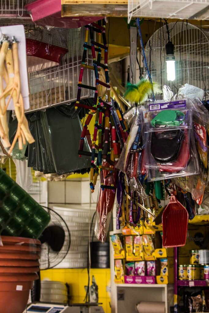 Vibrant pet shop scene featuring various animal supplies and merchandise arranged on shelves.